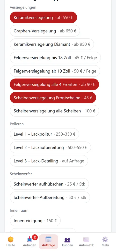 Leistungen für den Auftrag antippen
