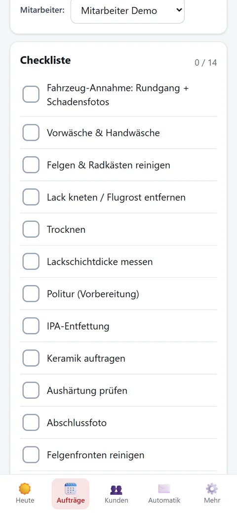 Checkliste eines Auftrags am Handy