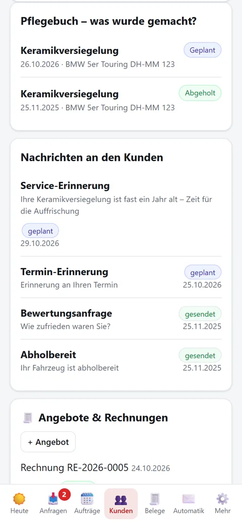 Pflegebuch und automatische Nachrichten an den Kunden
