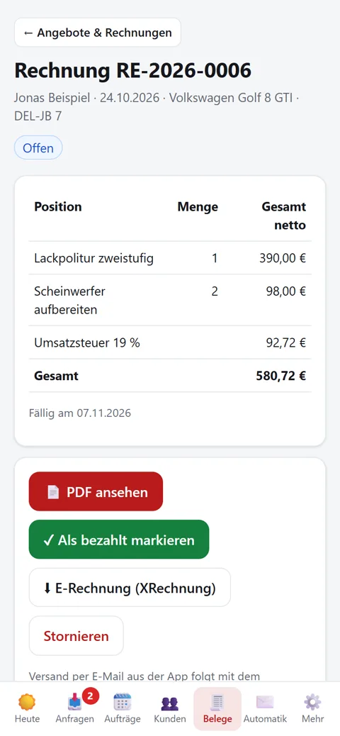 Fertige Rechnung in der App