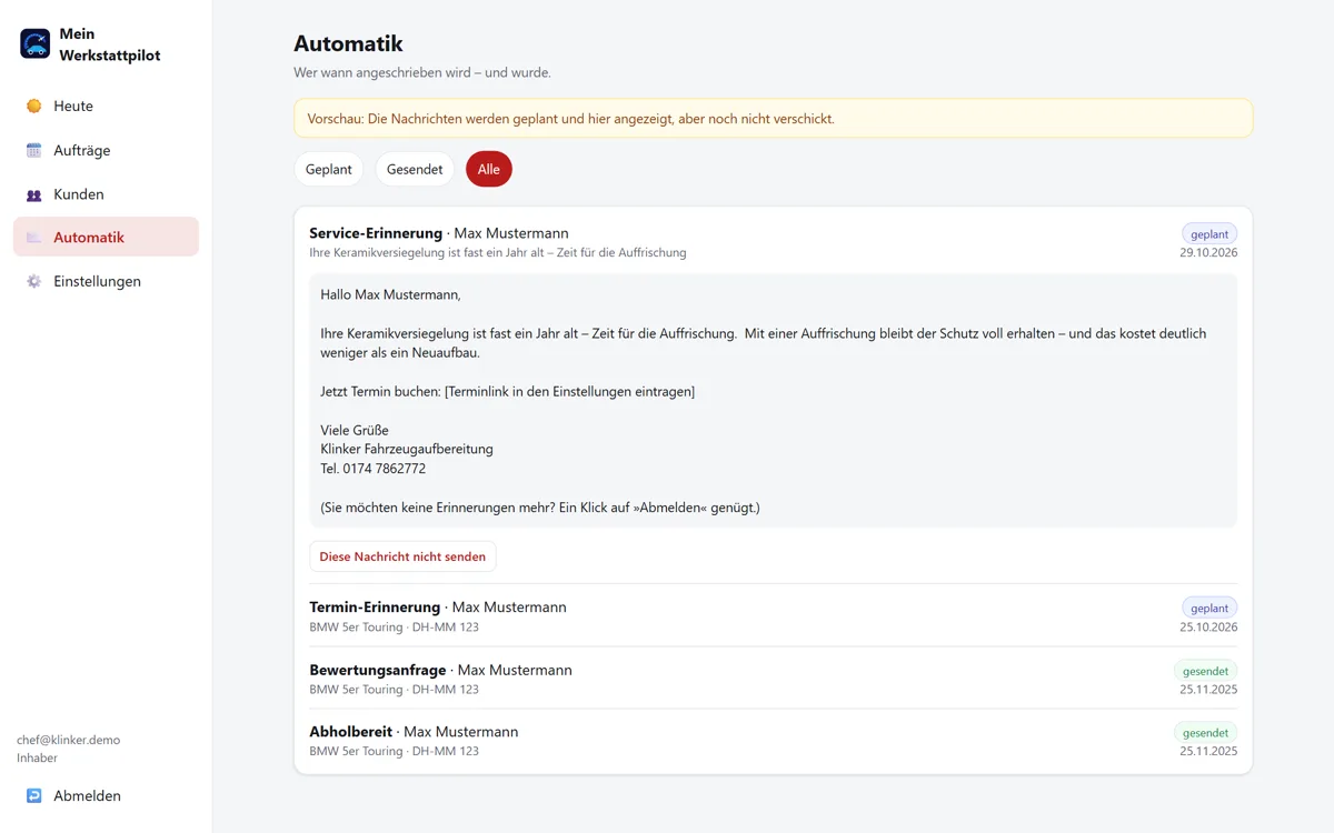 Übersicht der automatischen Nachrichten an Kunden