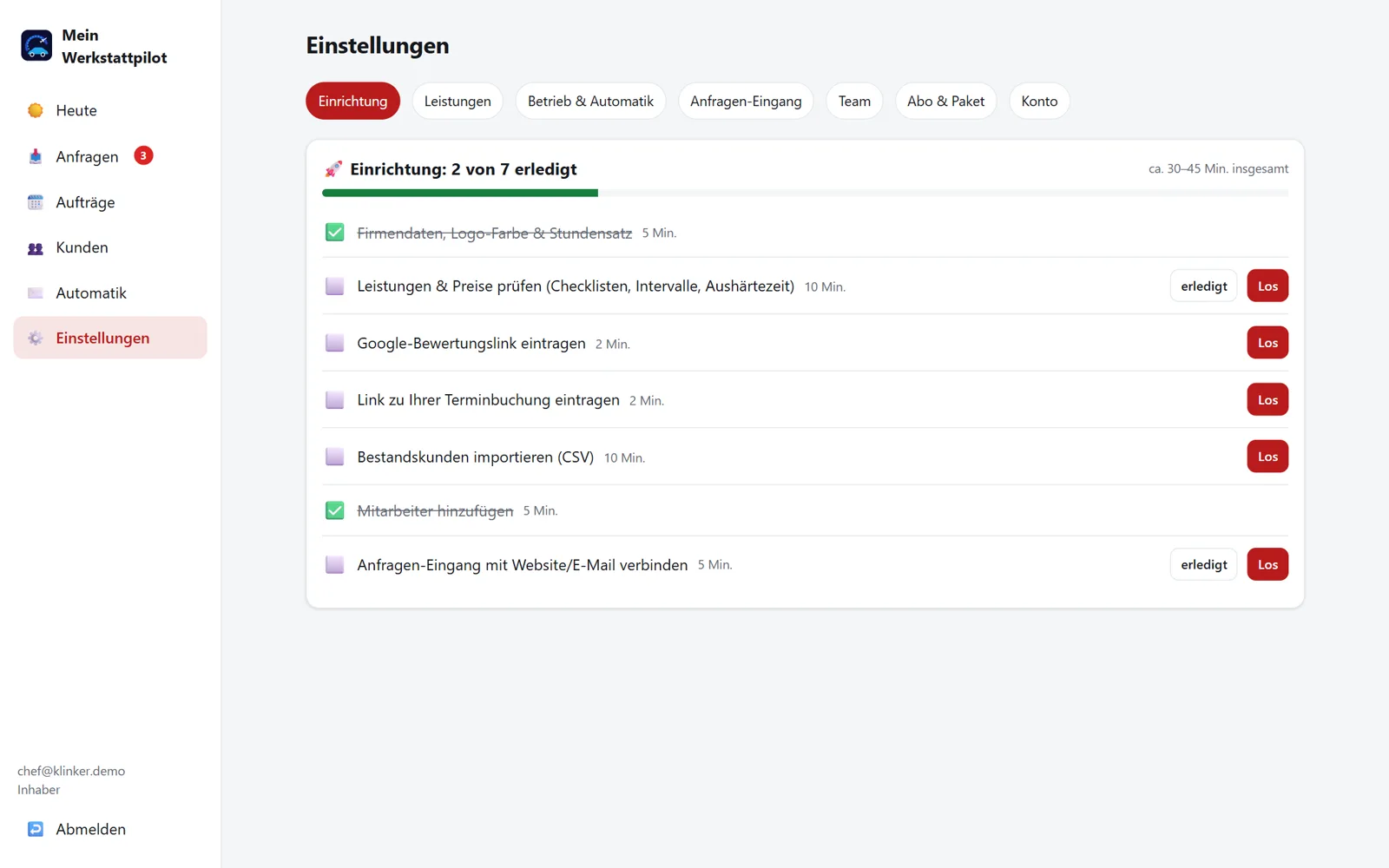 Einrichtungs-Assistent mit Fortschritt