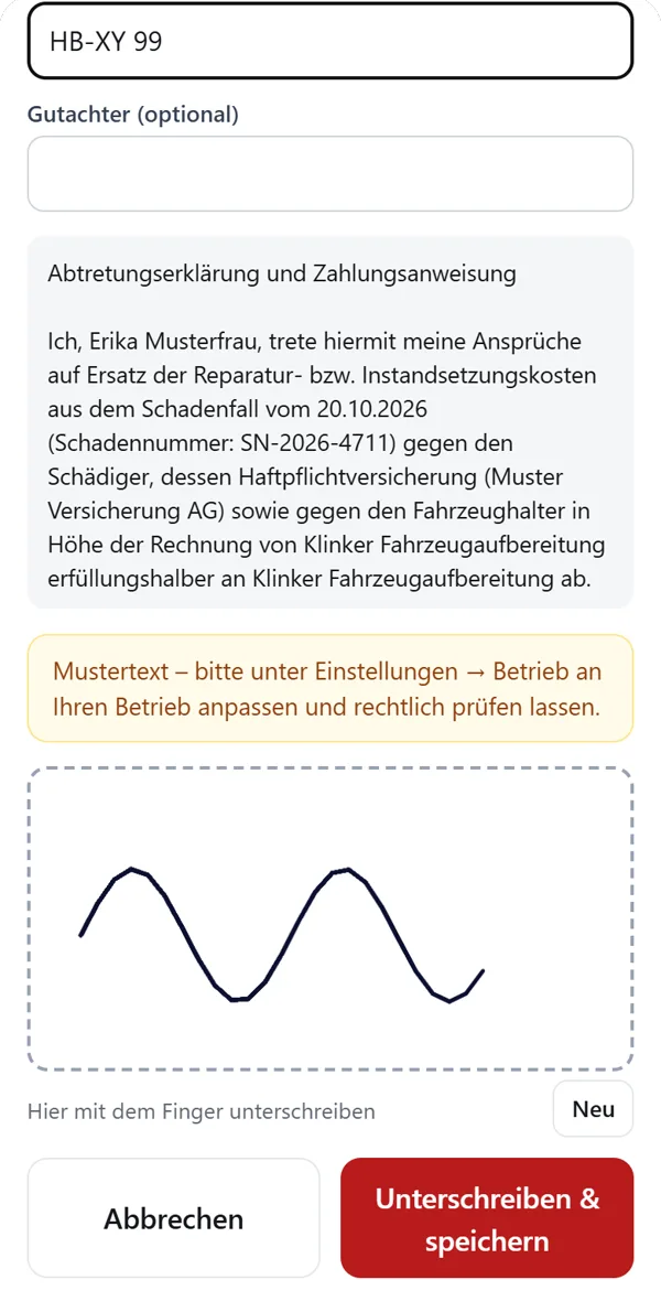 Abtretungserklärung wird am Handy unterschrieben