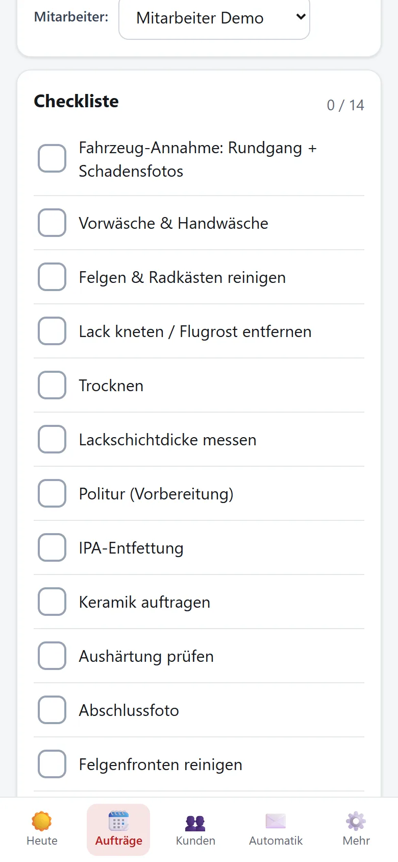 Checkliste eines Auftrags am Handy