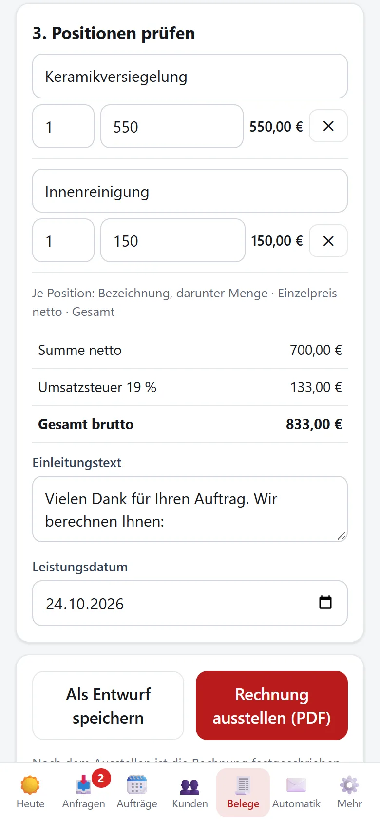 Rechnung am Handy erstellen: Positionen und Summe