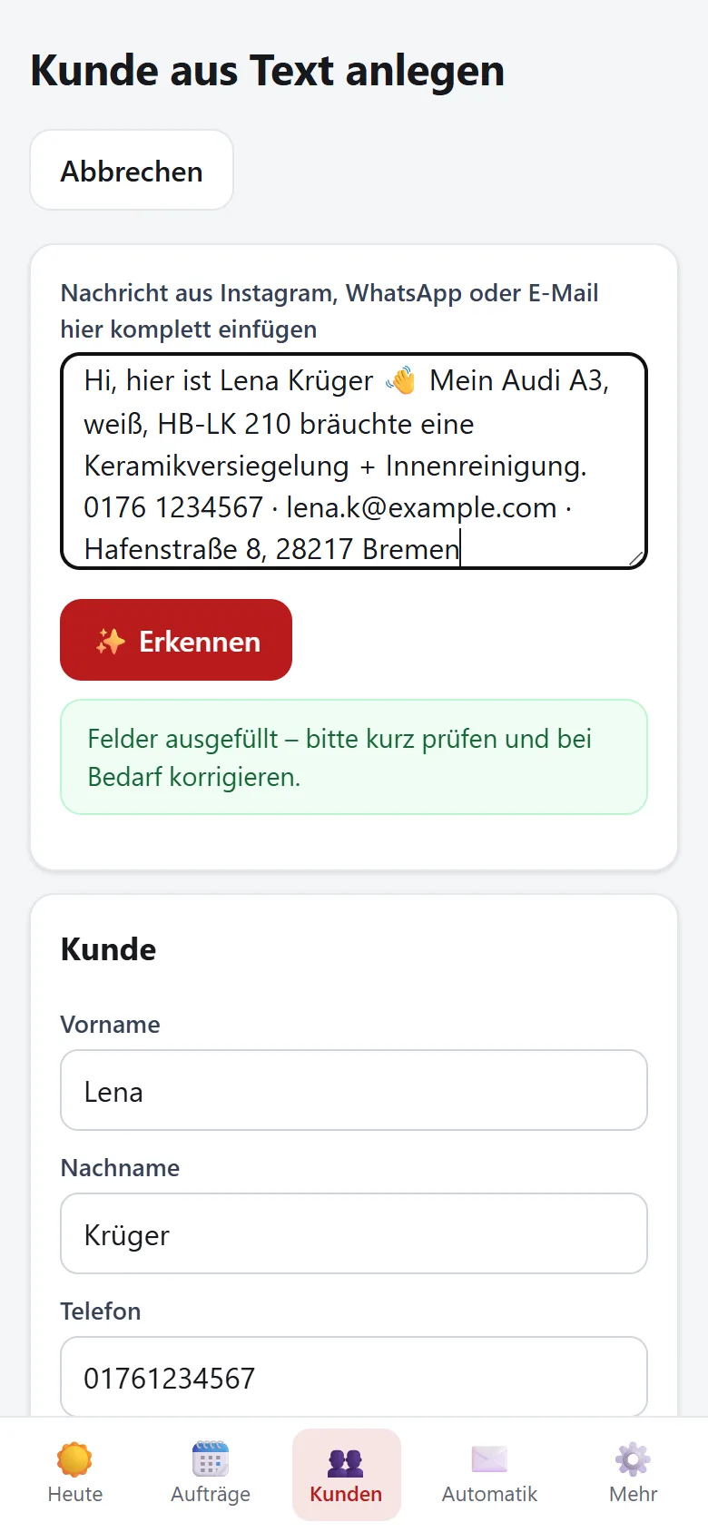 Kunde aus einer WhatsApp-Nachricht anlegen