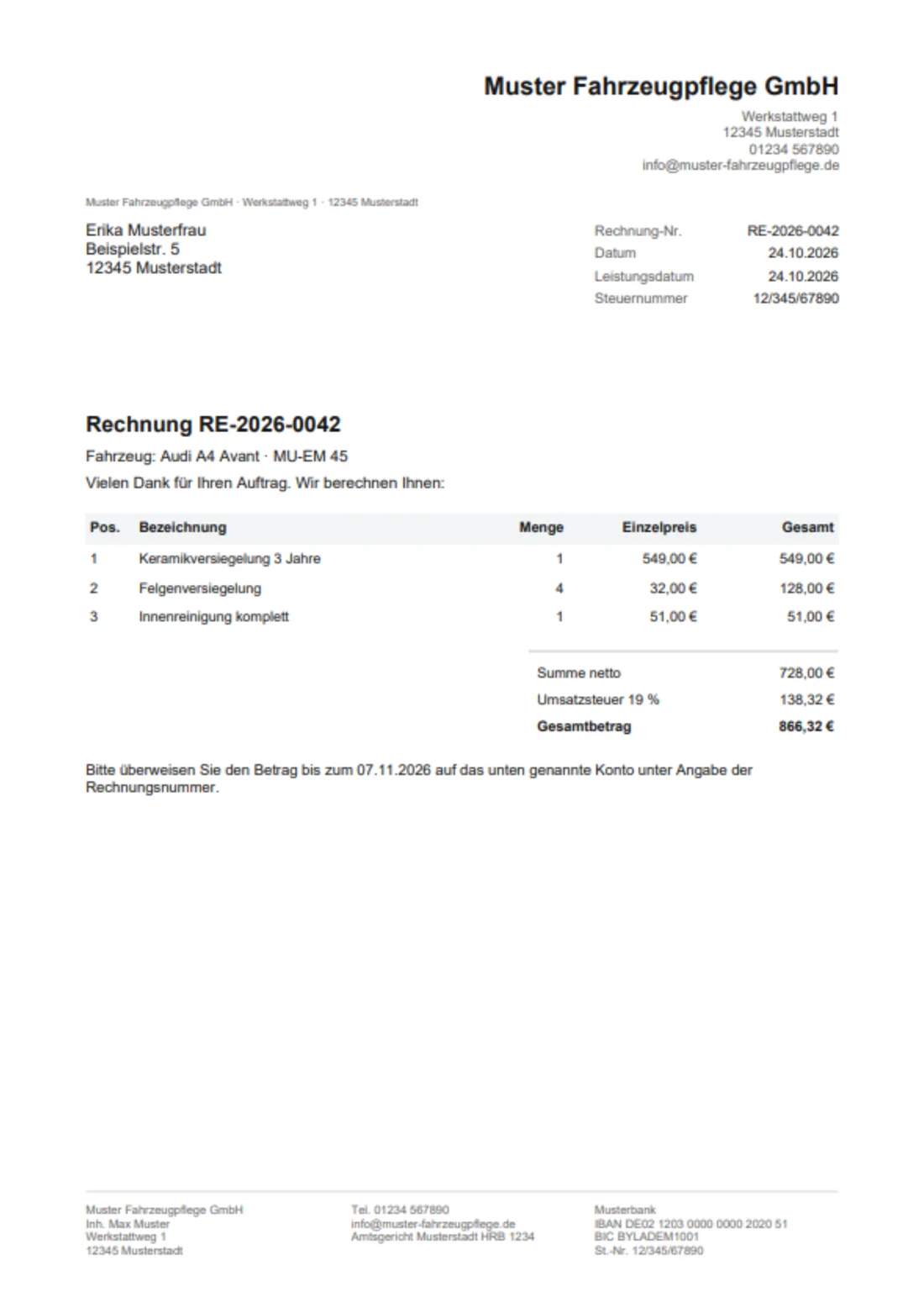 Beispiel einer Rechnung als PDF aus Mein Werkstattpilot